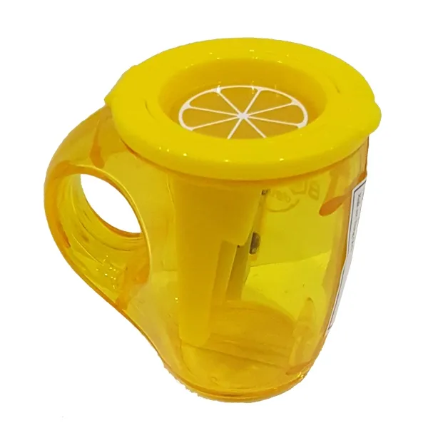 Gọt chì Deli 0551 có thiết kế hình cốc màu vàng trong suốt với nắp trang trí họa tiết lát chanh