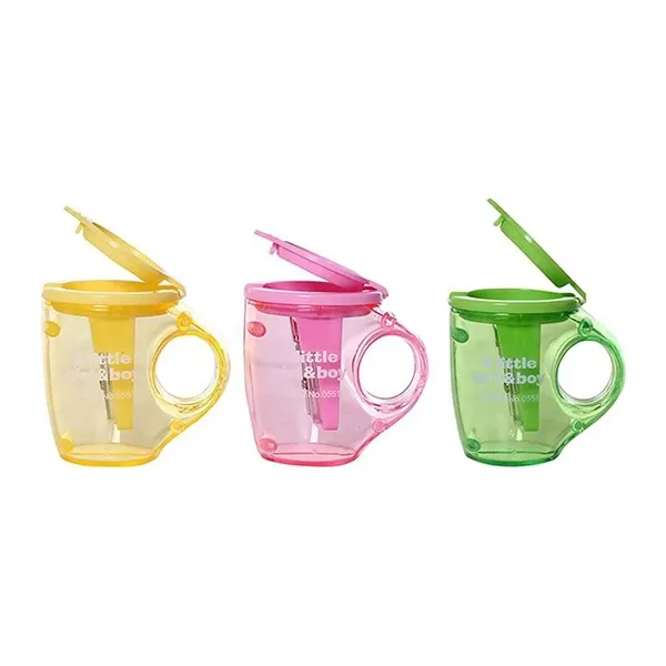 Bộ ba gọt chì Deli 0551 hình cốc nhựa trong suốt với các màu vàng, hồng và xanh lá cây tươi tắn