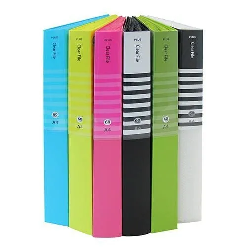 Bộ sưu tập file lá Plus khổ A4 với nhiều màu sắc rực rỡ và họa tiết kẻ sọc độc đáo.