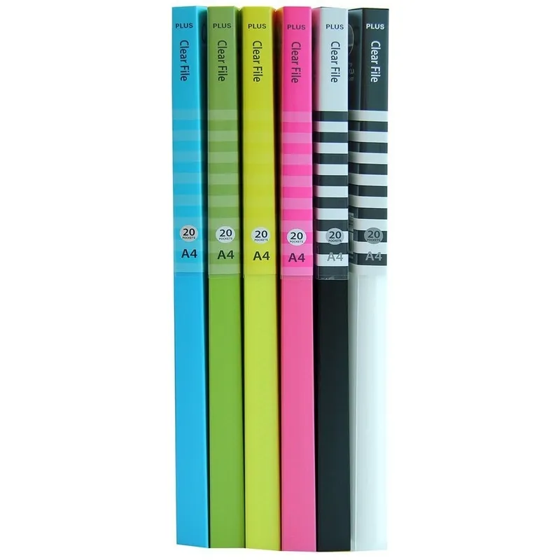 Các tệp lá Plus A4 20 ngăn với nhiều màu sắc rực rỡ được xếp cạnh nhau
