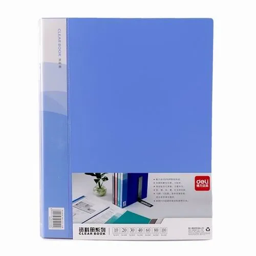File lá Deli màu xanh dương với bìa nhựa trong suốt, thiết kế chắc chắn để lưu trữ tài liệu văn phòng