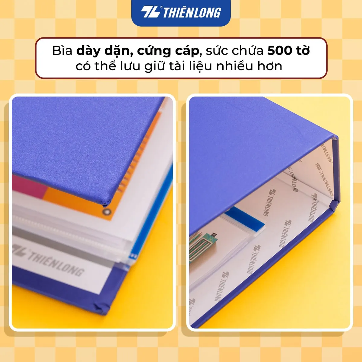 Bìa cứng cáp của file còng bật Flexoffice giúp lưu trữ và bảo vệ đến 500 tờ tài liệu một cách chắc chắn.