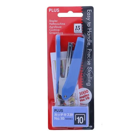 Bấm kim Plus PS-10E màu xanh dương đóng gói kèm hộp ghim No.10 trong vỉ nhựa treo