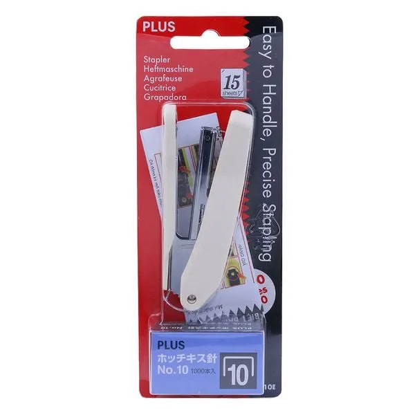 Bấm kim Plus PS-10E màu trắng đi kèm hộp ghim No.10 đóng gói trong vỉ nhựa treo tiện lợi