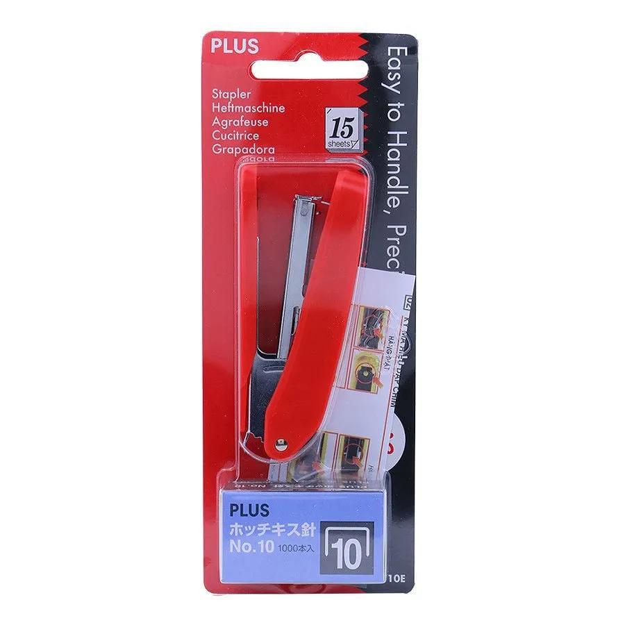 Bấm kim Plus PS-10E màu đỏ nhỏ gọn kèm một hộp ghim dập No.10 trong vỉ đóng gói sẵn