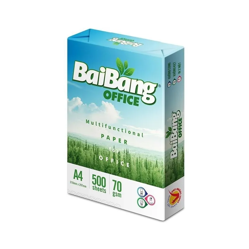 giấy a4 bãi bằng loại 70gsm, quy cách 500 tờ một tập dùng cho văn phòng, thiết kế bao bì xanh lá cây đặc trưng.