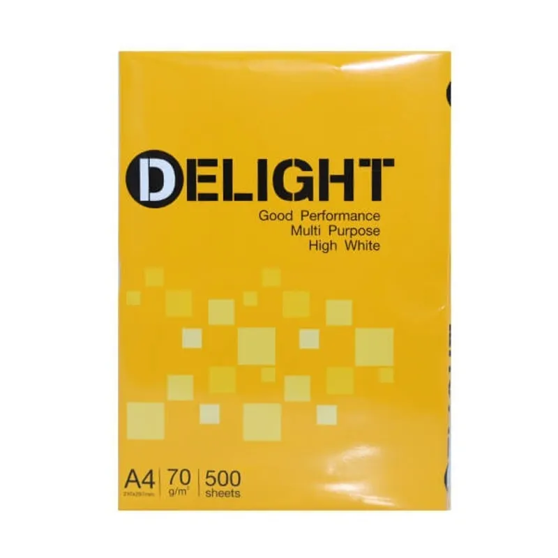 giấy a4 delight định lượng 70gsm đóng gói 500 tờ với bao bì màu vàng đặc trưng.