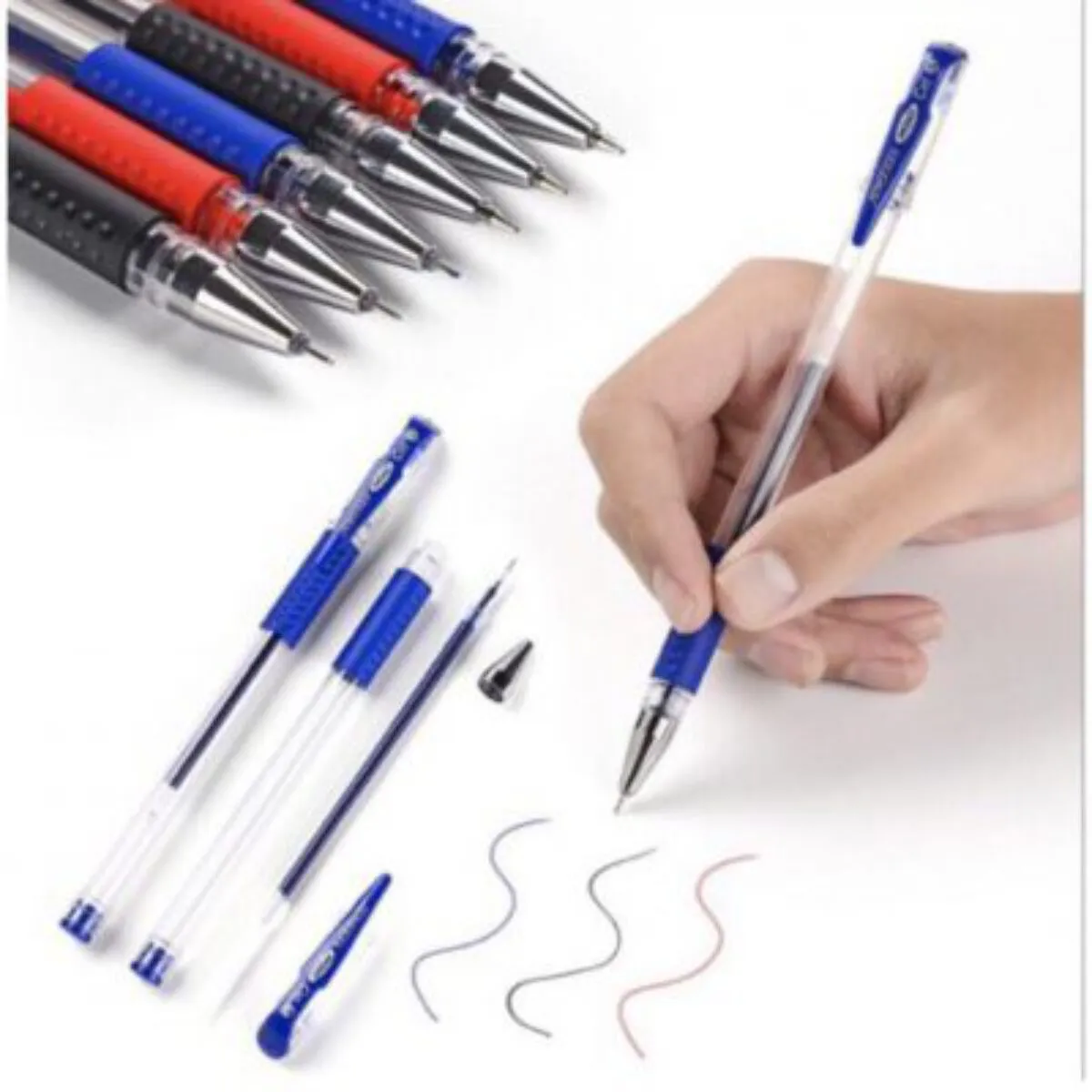 Bút gel mini với nhiều màu sắc và kiểu dáng đang được tay người sử dụng để viết những đường nét lên giấy trắng.