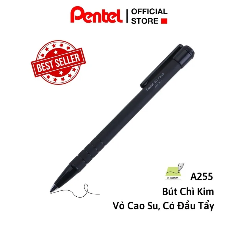 bút chì bấm pentel A255 màu đen ngòi 0.5mm có thiết kế vỏ cao su và đầu tẩy tiện lợi cho người dùng