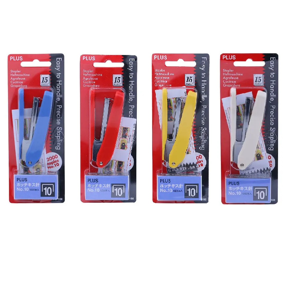 bấm kim plus PS-10E với 4 màu xanh, đỏ, vàng, trắng kèm hộp ghim đi kèm được đóng vỉ nhựa treo tiện lợi.
