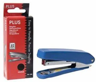 Bấm kim plus PS-10E màu xanh dương kèm hộp đựng sản phẩm trên nền trắng.